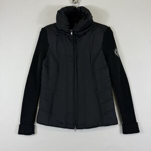 Tommy Hilfiger Womens Small Black‎ Ribbed Sleeves Crest Logo Puffer Jacket Coat